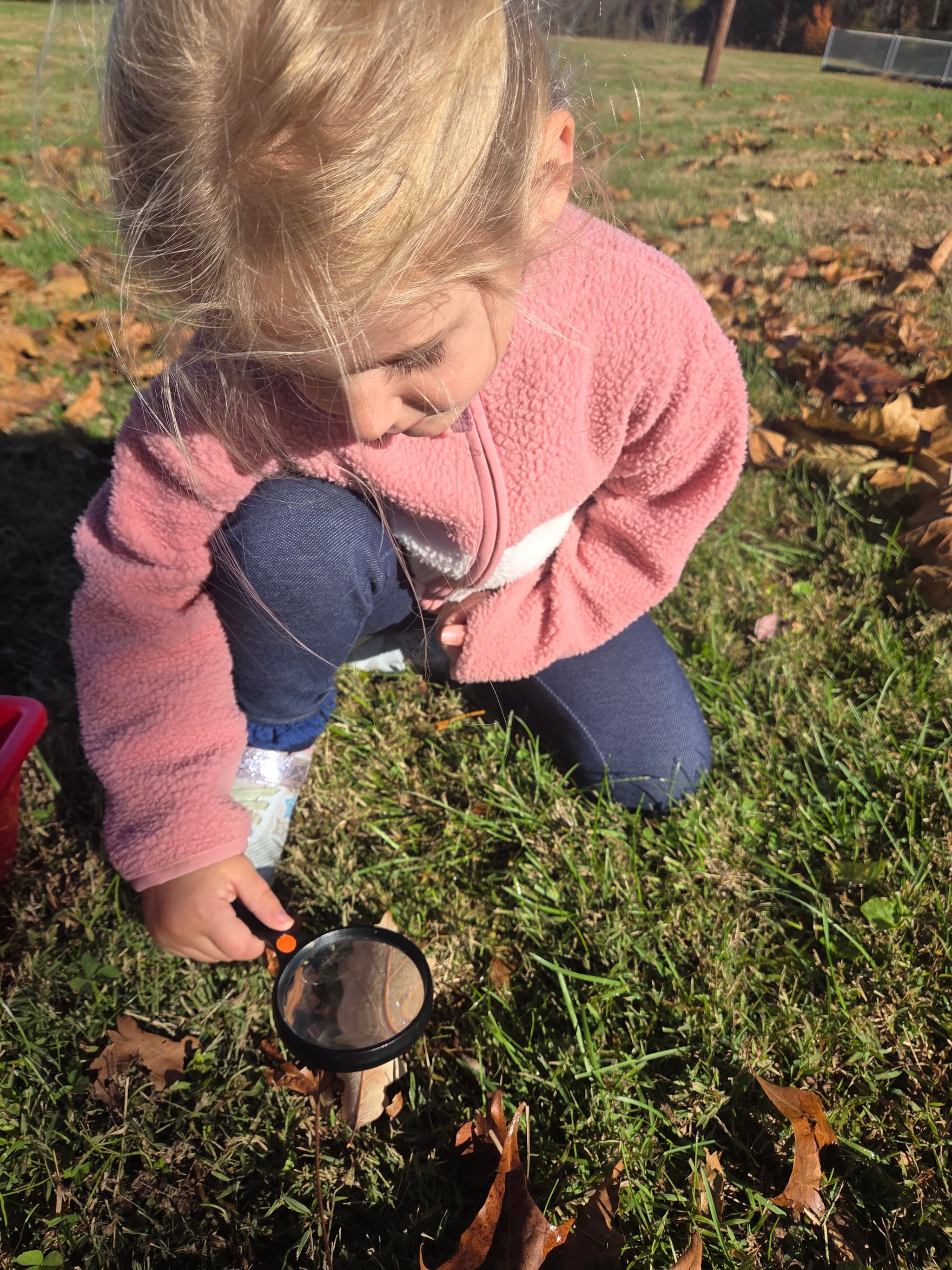 Preschool student exploring nature with a magnifying glass
